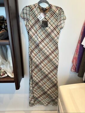 See You Monday Cream and Brown Plaid Maxi Dress